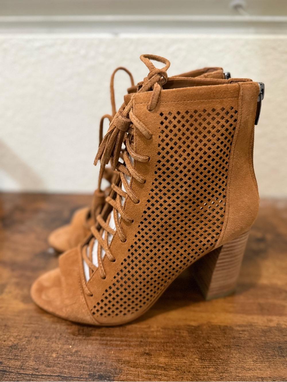 Marc Fisher Cognac Perforated Suede Lace-Up Block Heel Booties